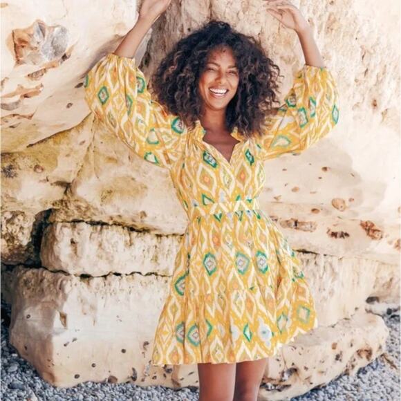 CHARINA SARTE | Yellow Ikat Printed Cotton Mini Dress Puff Sleeve | Size Medium - Picture 1 of 9